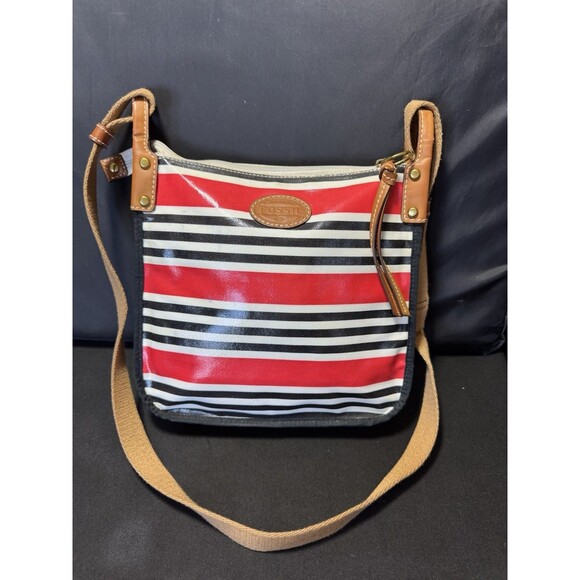 Fossil Handbags - Fossil Keyper Cross Body Satchel Purse Stripes Vinyl Shiny